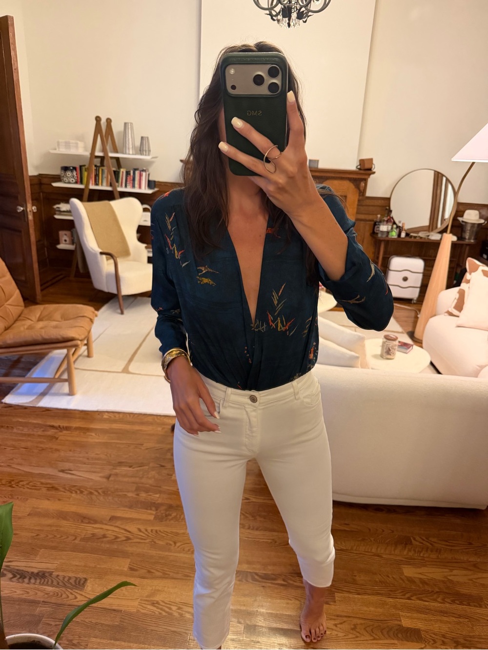 Zara Deep Teal Printed V-Neck Bodysuit - Size S